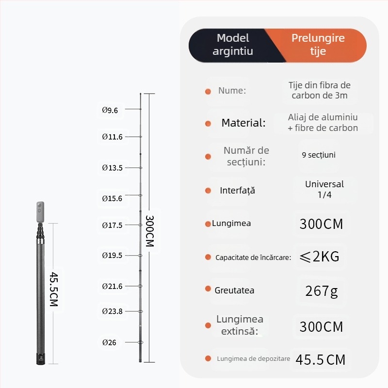 Mâner pentru selfie stick Bullet Time, rotire, 5 secțiuni, aliaj de aluminiu, sarcină 2–5 kg