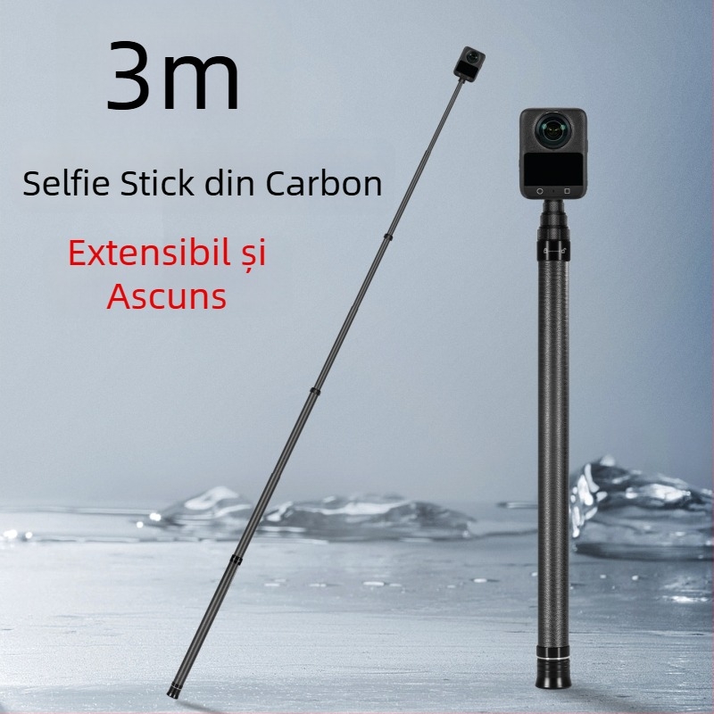 Baston selfie telescopic cu 7 secțiuni din fibră de carbon și aliaj de aluminiu, montaj 1/4 inch și pentru cameră de acțiune, sarcină maximă sub 2 kg