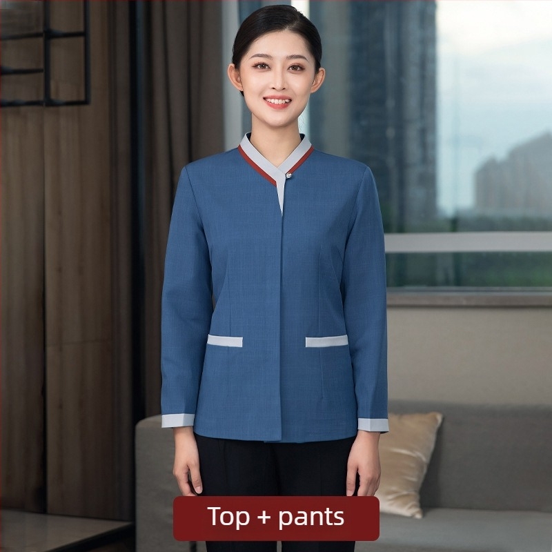 Uniformă de curățenie pentru hotel – Unisex, mâneci lungi, guler cu stand, iarnă, pantaloni, poliester elastan 90–95%