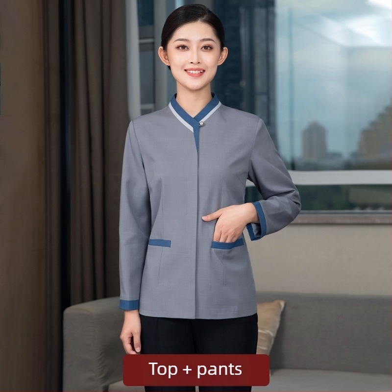 Uniformă de curățenie pentru hotel – Unisex, mâneci lungi, guler cu stand, iarnă, pantaloni, poliester elastan 90–95%