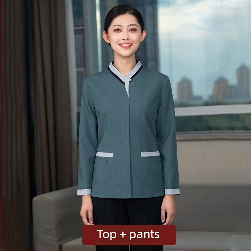 Uniformă de curățenie pentru hotel – Unisex, mâneci lungi, guler cu stand, iarnă, pantaloni, poliester elastan 90–95%