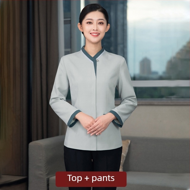 Uniformă de curățenie pentru hotel – Unisex, mâneci lungi, guler cu stand, iarnă, pantaloni, poliester elastan 90–95%