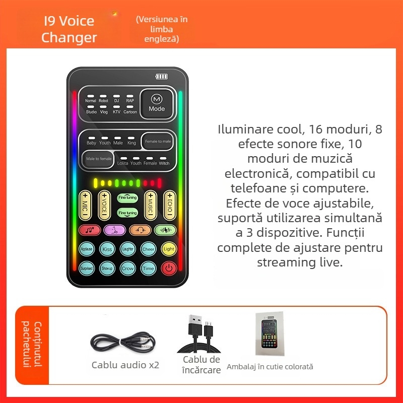 Card de sunet USB cu modificare de voce pentru streaming live pe mobil și PC — Model i9, baterie încorporată 500–800mAh, Bluetooth 4.0, 100Hz–20kHz, SNR ≥60dB