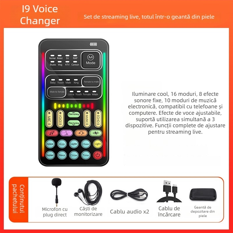 Card de sunet USB cu modificare de voce pentru streaming live pe mobil și PC — Model i9, baterie încorporată 500–800mAh, Bluetooth 4.0, 100Hz–20kHz, SNR ≥60dB