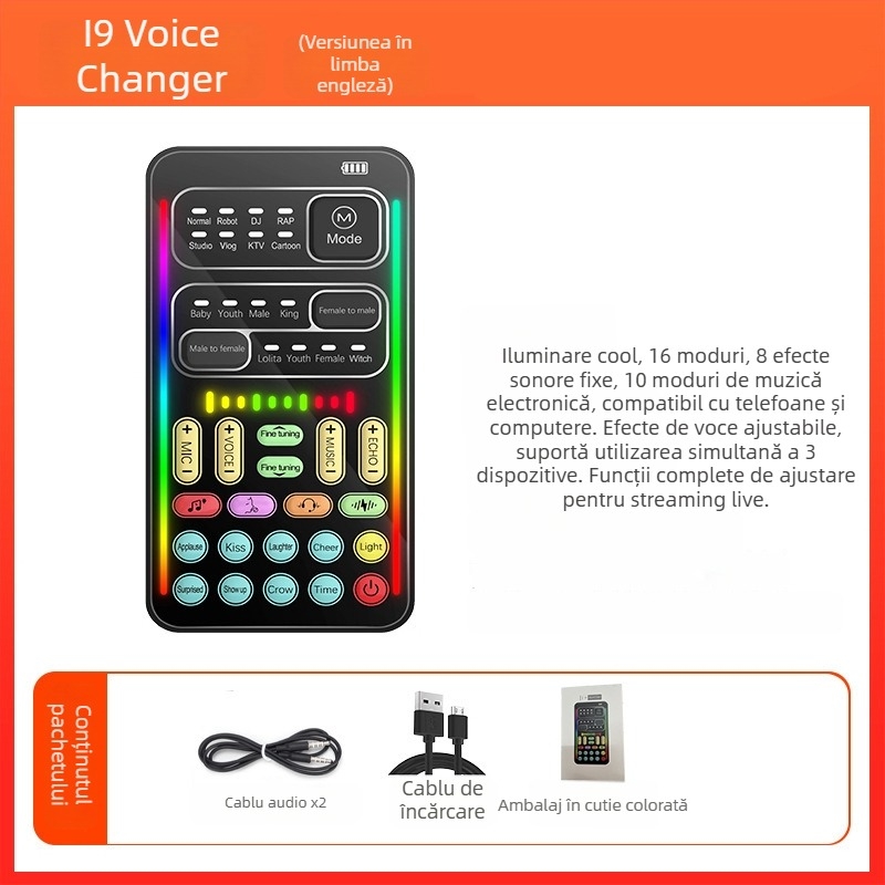 Card de sunet USB cu modificare de voce pentru streaming live pe mobil și PC — Model i9, baterie încorporată 500–800mAh, Bluetooth 4.0, 100Hz–20kHz, SNR ≥60dB