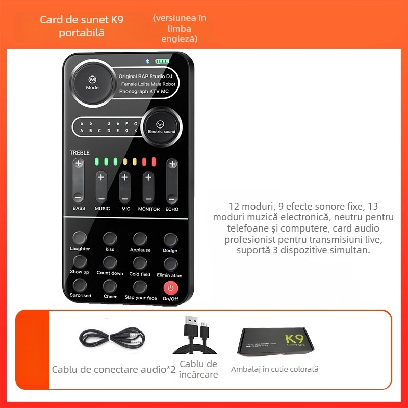 Card de sunet USB cu modificare de voce pentru streaming live pe mobil și PC — Model i9, baterie încorporată 500–800mAh, Bluetooth 4.0, 100Hz–20kHz, SNR ≥60dB
