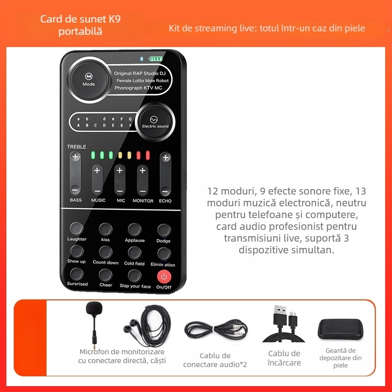 Card de sunet USB cu modificare de voce pentru streaming live pe mobil și PC — Model i9, baterie încorporată 500–800mAh, Bluetooth 4.0, 100Hz–20kHz, SNR ≥60dB