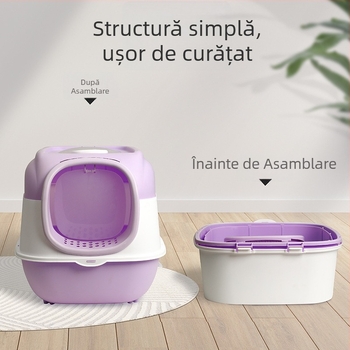 Cutie de nisip pentru pisici, UV sterilizare și dezodorizare, complet închisă, uși duble, extra-large, capac rabatabil, anti-stropire