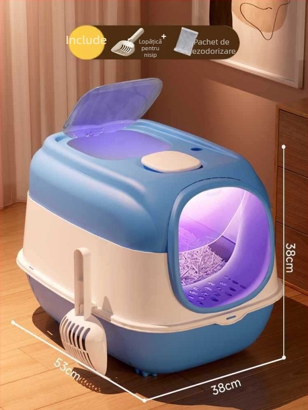 Cutie de nisip pentru pisici, UV sterilizare și dezodorizare, complet închisă, uși duble, extra-large, capac rabatabil, anti-stropire