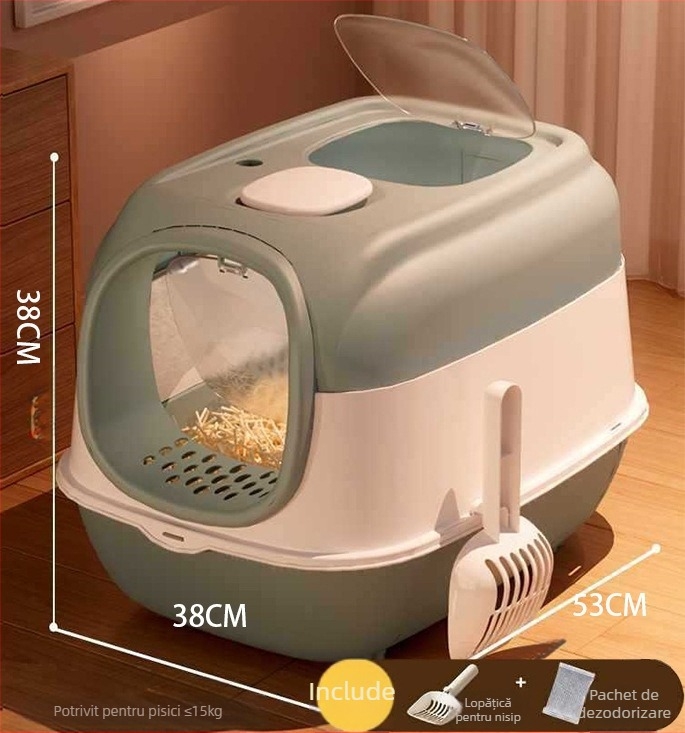Cutie de nisip pentru pisici, UV sterilizare și dezodorizare, complet închisă, uși duble, extra-large, capac rabatabil, anti-stropire
