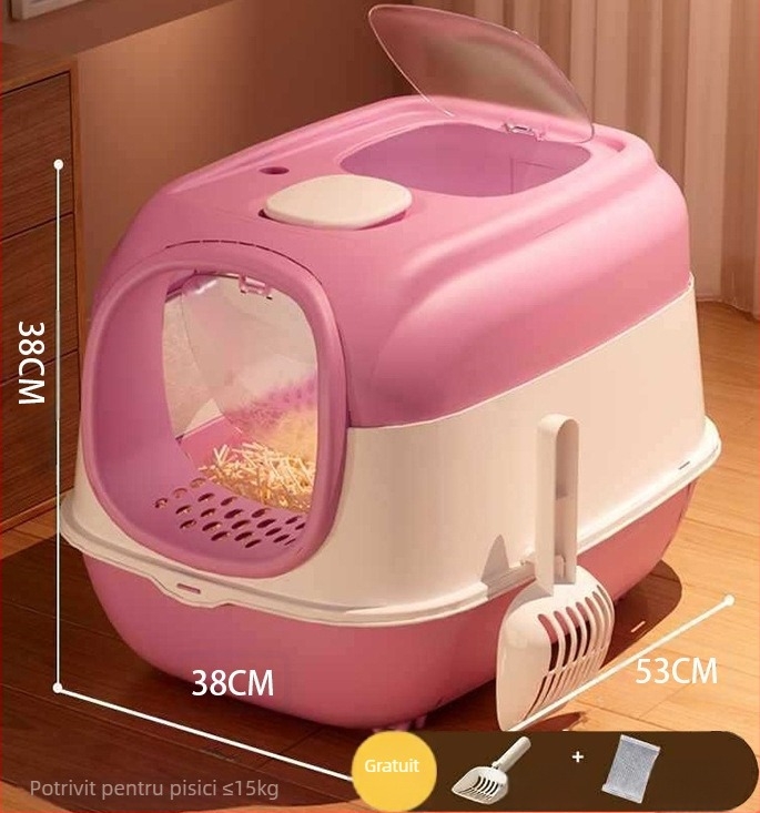 Cutie de nisip pentru pisici, UV sterilizare și dezodorizare, complet închisă, uși duble, extra-large, capac rabatabil, anti-stropire