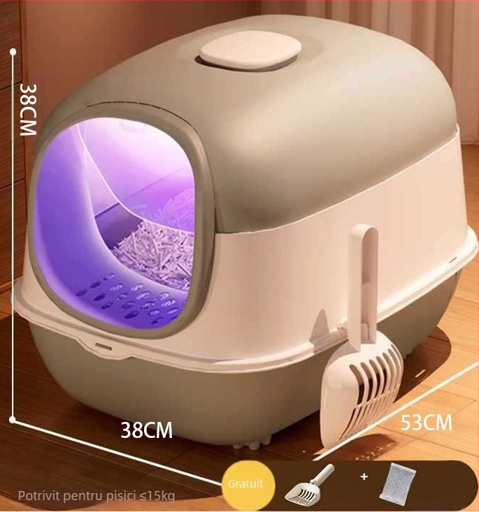 Cutie de nisip pentru pisici, UV sterilizare și dezodorizare, complet închisă, uși duble, extra-large, capac rabatabil, anti-stropire