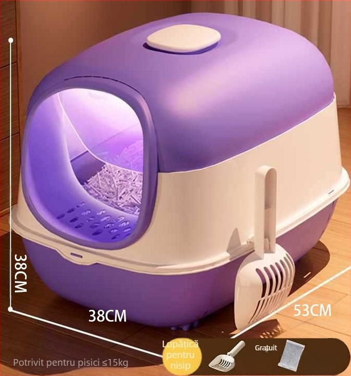 Cutie de nisip pentru pisici, UV sterilizare și dezodorizare, complet închisă, uși duble, extra-large, capac rabatabil, anti-stropire
