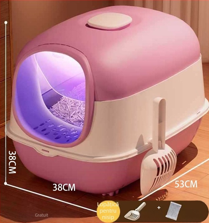 Cutie de nisip pentru pisici, UV sterilizare și dezodorizare, complet închisă, uși duble, extra-large, capac rabatabil, anti-stropire