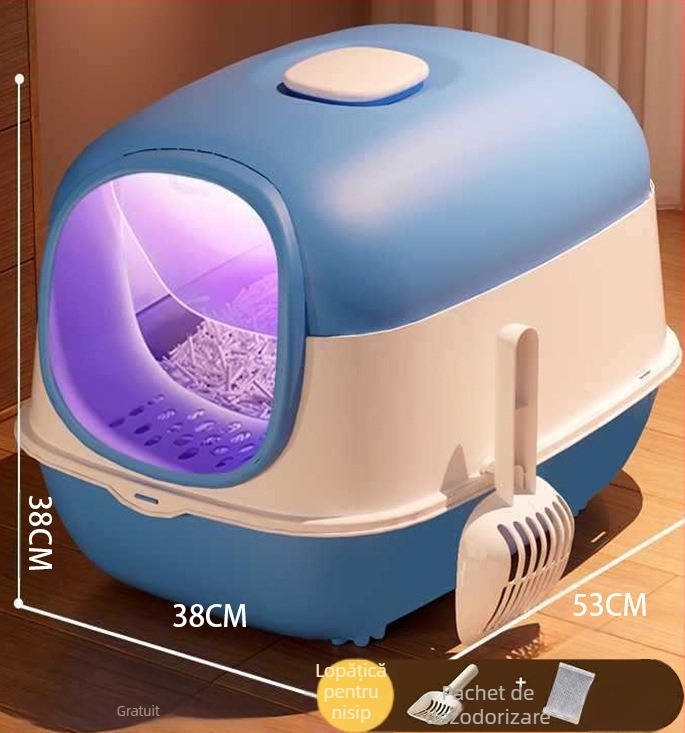 Cutie de nisip pentru pisici, UV sterilizare și dezodorizare, complet închisă, uși duble, extra-large, capac rabatabil, anti-stropire