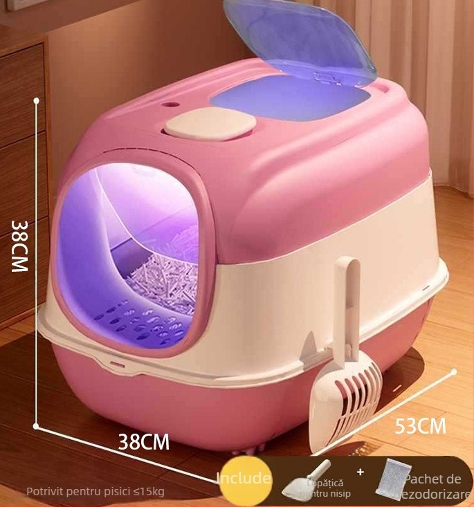 Cutie de nisip pentru pisici, UV sterilizare și dezodorizare, complet închisă, uși duble, extra-large, capac rabatabil, anti-stropire