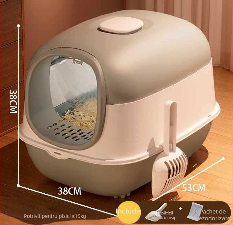 Cutie de nisip pentru pisici, UV sterilizare și dezodorizare, complet închisă, uși duble, extra-large, capac rabatabil, anti-stropire