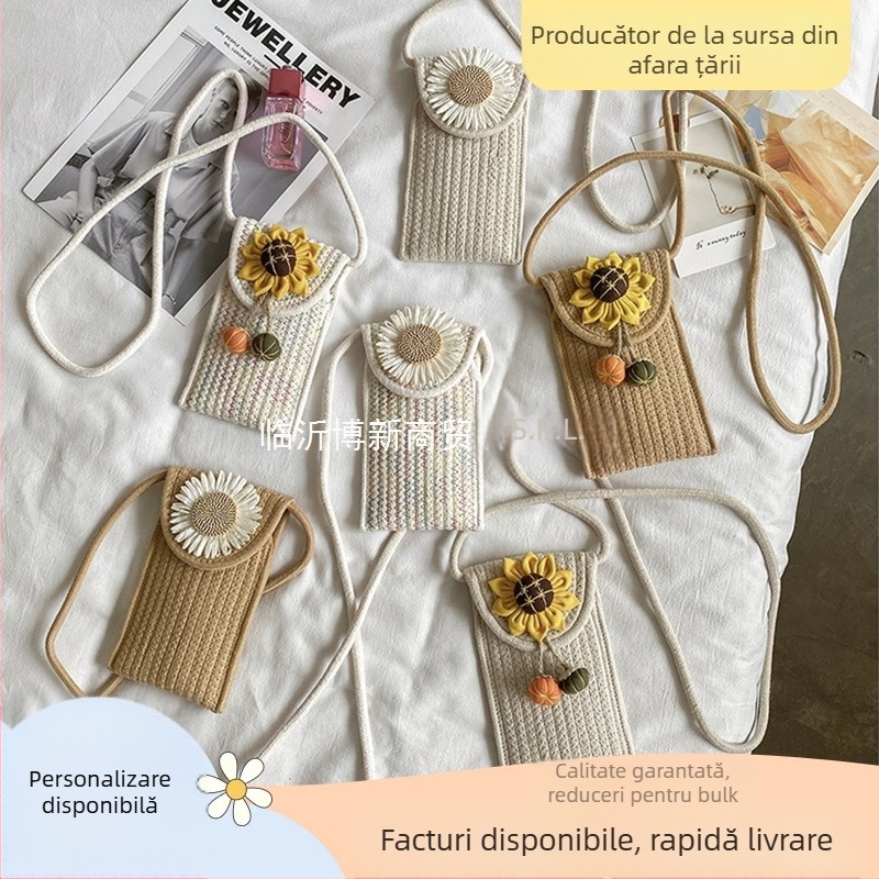 Geantă crossbody din bumbac, design floral, țesătură împletită, formă vertical pătrată, închidere cu capac, curea de umăr simplă