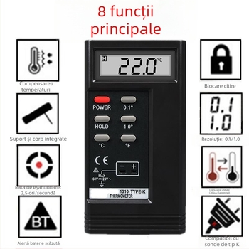 YD1310 Termometru digital - Termometru electronic industrial cu sondă NR, intervalul 0–1300°C, rezoluție 0.5°C, precizie Clasa 1.0