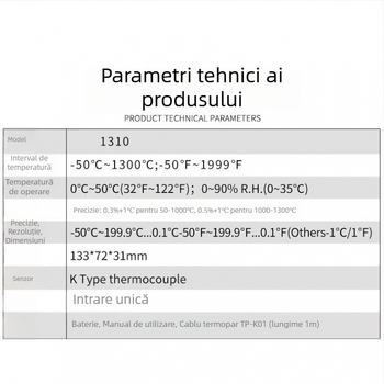 YD1310 Termometru digital - Termometru electronic industrial cu sondă NR, intervalul 0–1300°C, rezoluție 0.5°C, precizie Clasa 1.0