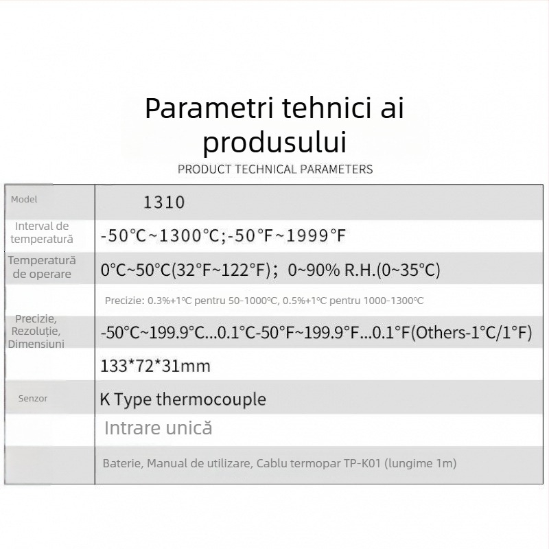 YD1310 Termometru digital - Termometru electronic industrial cu sondă NR, intervalul 0–1300°C, rezoluție 0.5°C, precizie Clasa 1.0