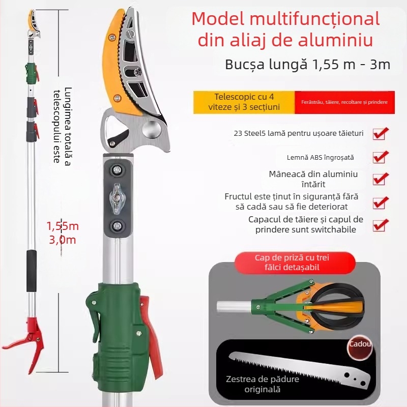 Foarfece telescopice pentru culesul fructelor, cu rază extinsă pentru crengi înalte; MYTEC; potrivite pentru lychee, loquat și longan