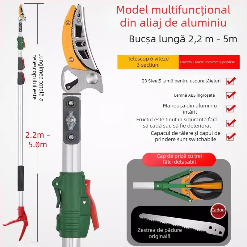 Foarfece telescopice pentru culesul fructelor, cu rază extinsă pentru crengi înalte; MYTEC; potrivite pentru lychee, loquat și longan