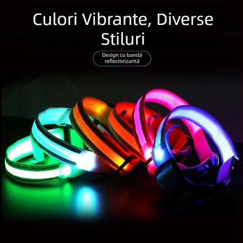 Guler LED luminos pentru câine, anti-pierdere, accesorii pentru plimbări nocturne, încărcare USB cu material reflectorizant.