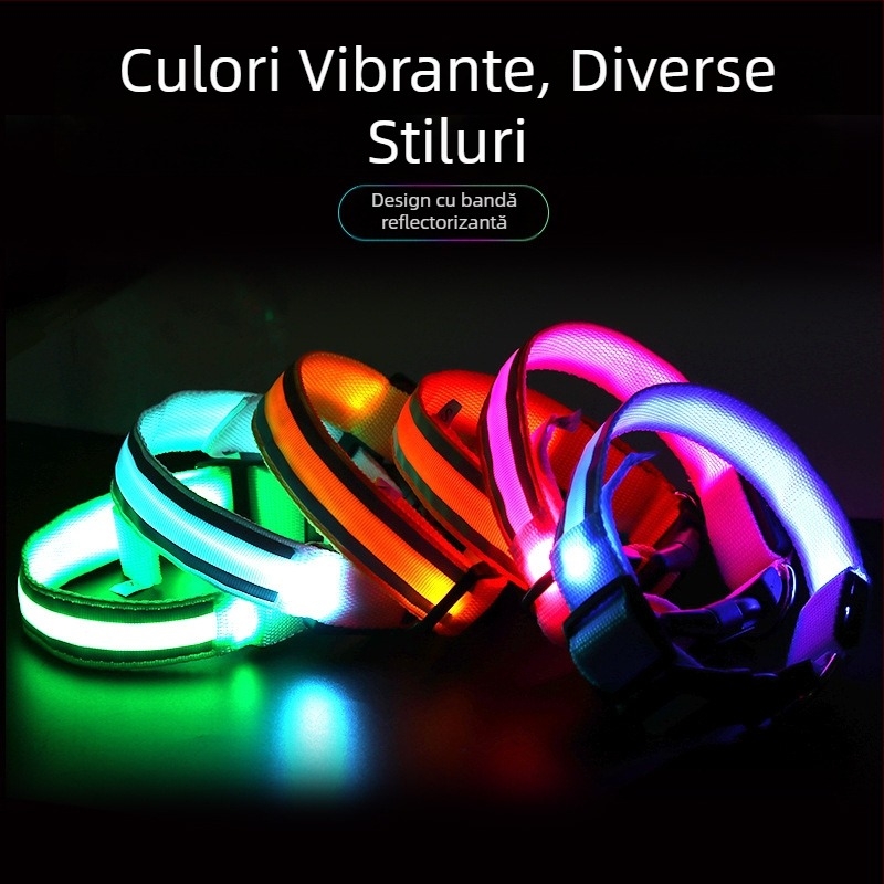 Guler LED luminos pentru câine, anti-pierdere, accesorii pentru plimbări nocturne, încărcare USB cu material reflectorizant.