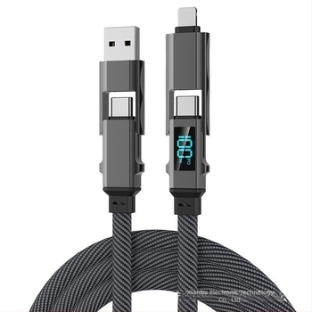 Cablu de încărcare auto cu afișaj digital, cablu de date 4-în-1, împletit, compatibil Lightning, USB-C, USB-A și USB 3.0, compatibil PD