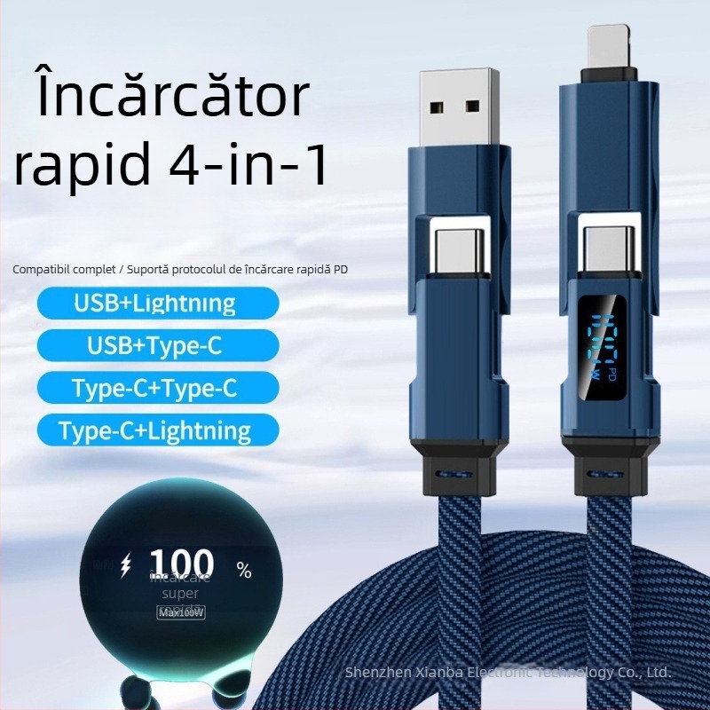 Cablu de încărcare auto cu afișaj digital, cablu de date 4-în-1, împletit, compatibil Lightning, USB-C, USB-A și USB 3.0, compatibil PD