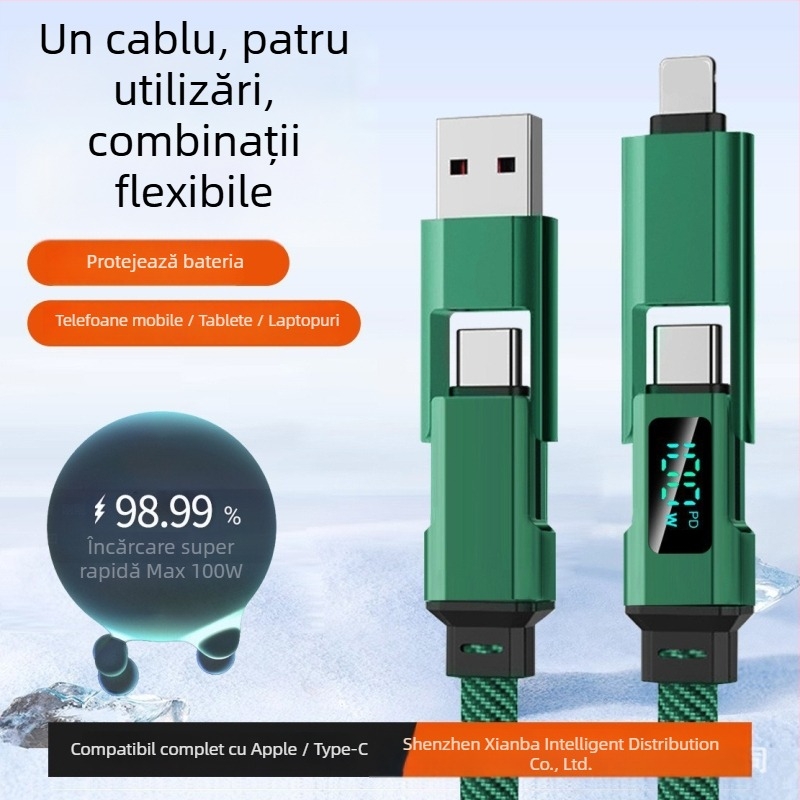 Cablu de încărcare auto cu afișaj digital, cablu de date 4-în-1, împletit, compatibil Lightning, USB-C, USB-A și USB 3.0, compatibil PD