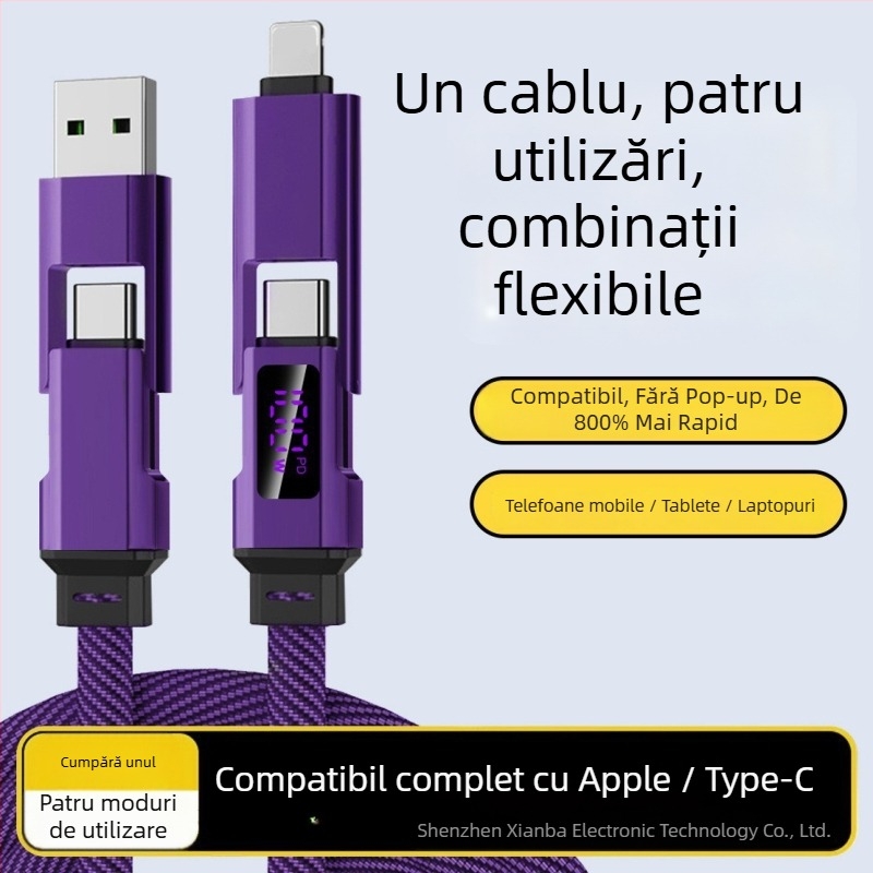 Cablu de încărcare auto cu afișaj digital, cablu de date 4-în-1, împletit, compatibil Lightning, USB-C, USB-A și USB 3.0, compatibil PD
