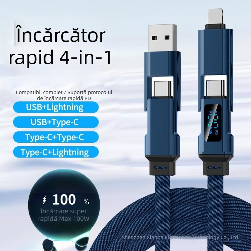 Cablu de încărcare auto cu afișaj digital, cablu de date 4-în-1, împletit, compatibil Lightning, USB-C, USB-A și USB 3.0, compatibil PD
