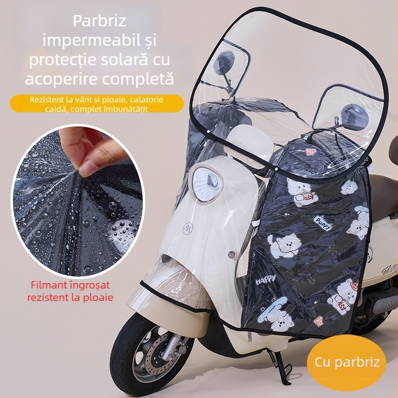 Parbriz față pentru vehicul electric – transparent, impermeabil, protecție solară; modelul 001; potrivit pentru motociclete cu oglinzi și fără coș; material: țesătură Oxford + plastic