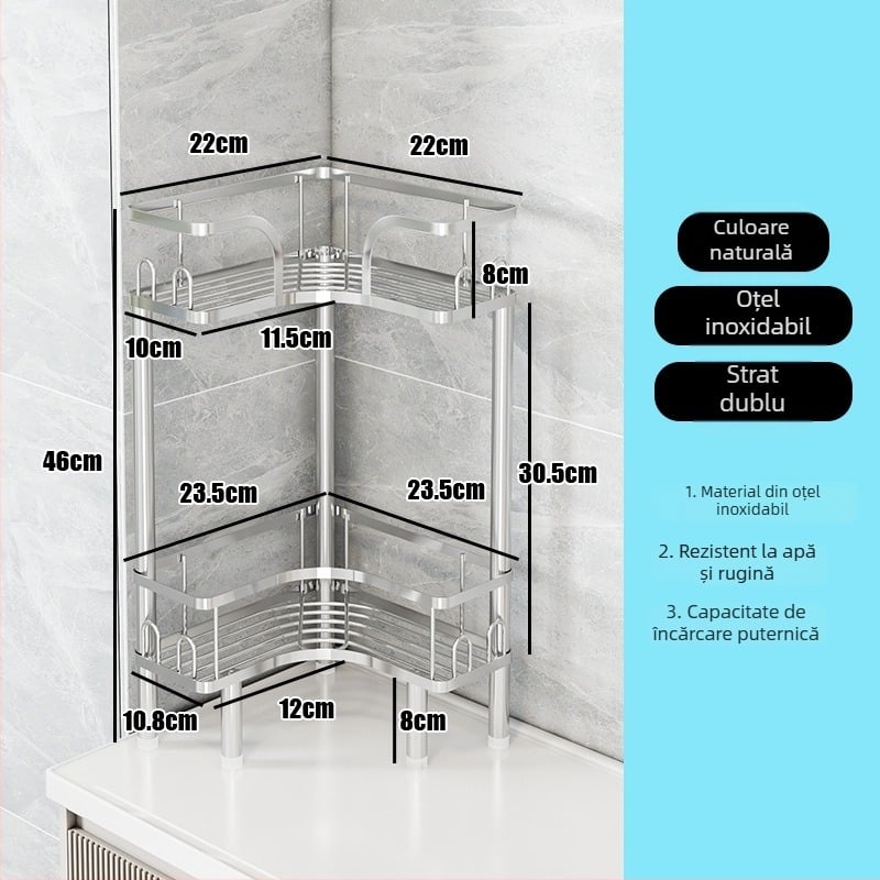 Wo cube Raft din oțel inoxidabil pentru colțul băii, raft triunghiular în picioare cu 2 etaje, design modern minimalist, capacitate de încărcare ridicată