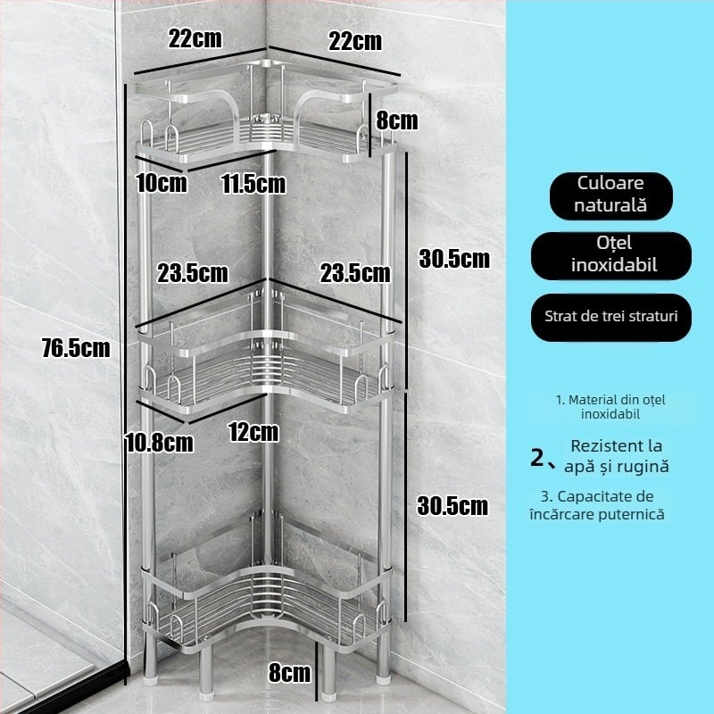 Wo cube Raft din oțel inoxidabil pentru colțul băii, raft triunghiular în picioare cu 2 etaje, design modern minimalist, capacitate de încărcare ridicată