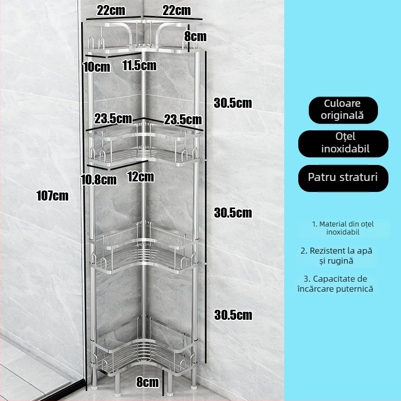 Wo cube Raft din oțel inoxidabil pentru colțul băii, raft triunghiular în picioare cu 2 etaje, design modern minimalist, capacitate de încărcare ridicată