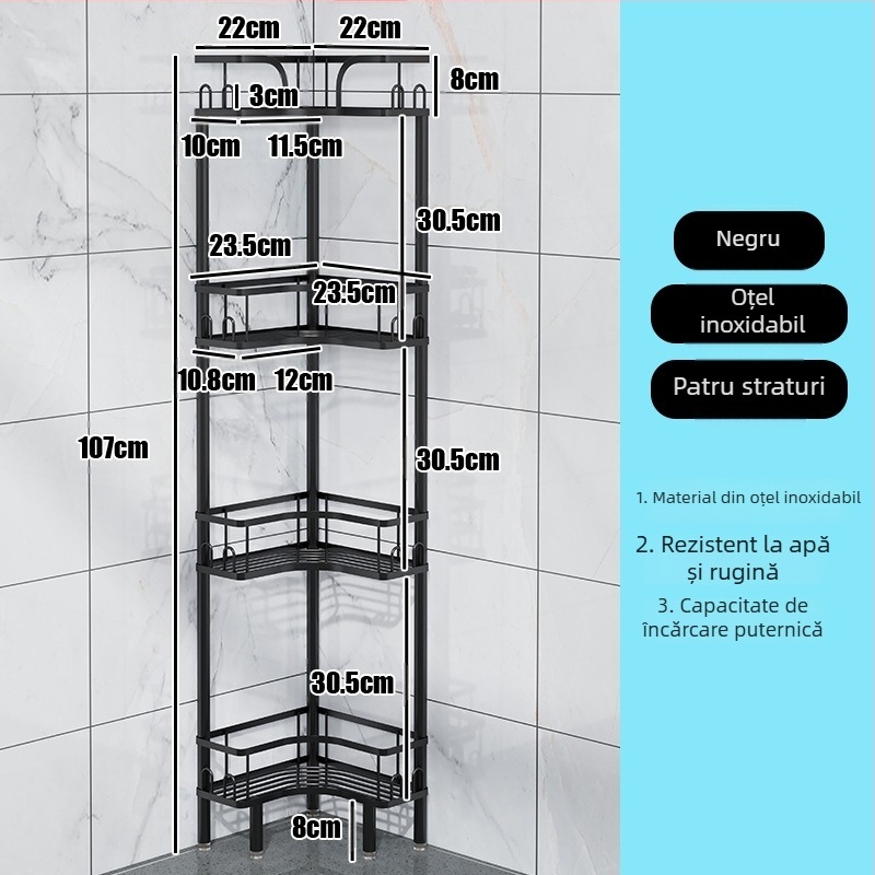 Wo cube Raft din oțel inoxidabil pentru colțul băii, raft triunghiular în picioare cu 2 etaje, design modern minimalist, capacitate de încărcare ridicată