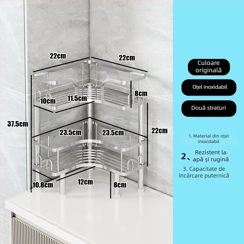 Wo cube Raft din oțel inoxidabil pentru colțul băii, raft triunghiular în picioare cu 2 etaje, design modern minimalist, capacitate de încărcare ridicată
