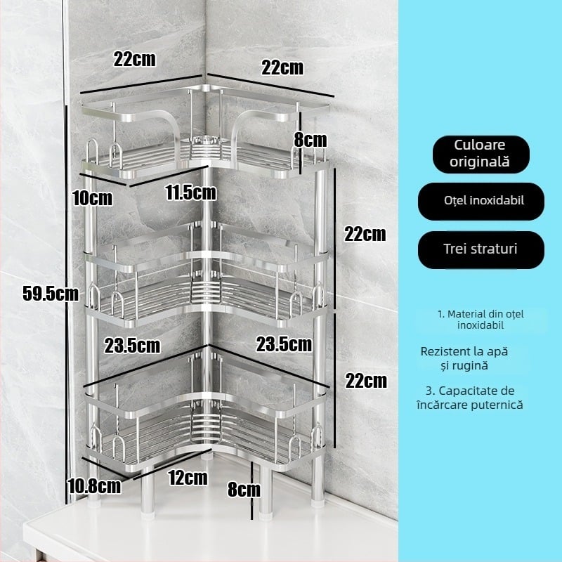 Wo cube Raft din oțel inoxidabil pentru colțul băii, raft triunghiular în picioare cu 2 etaje, design modern minimalist, capacitate de încărcare ridicată