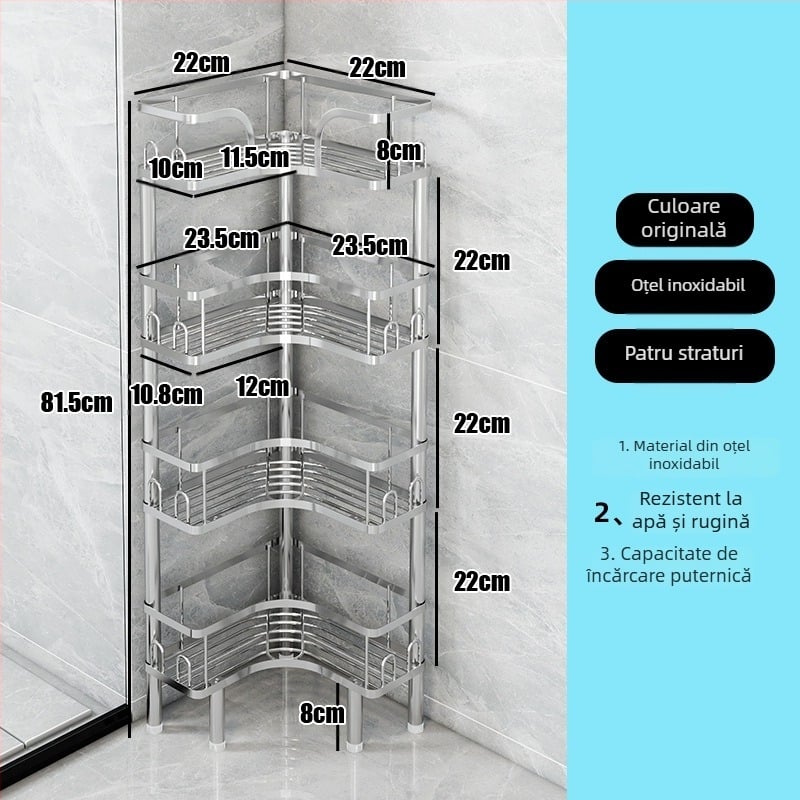 Wo cube Raft din oțel inoxidabil pentru colțul băii, raft triunghiular în picioare cu 2 etaje, design modern minimalist, capacitate de încărcare ridicată