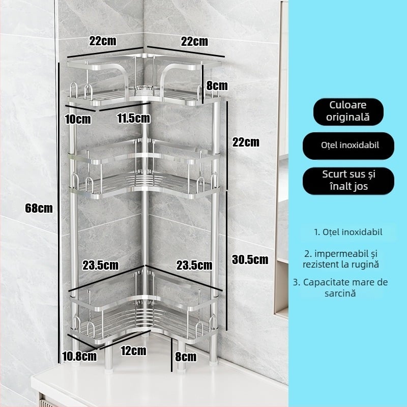 Wo cube Raft din oțel inoxidabil pentru colțul băii, raft triunghiular în picioare cu 2 etaje, design modern minimalist, capacitate de încărcare ridicată