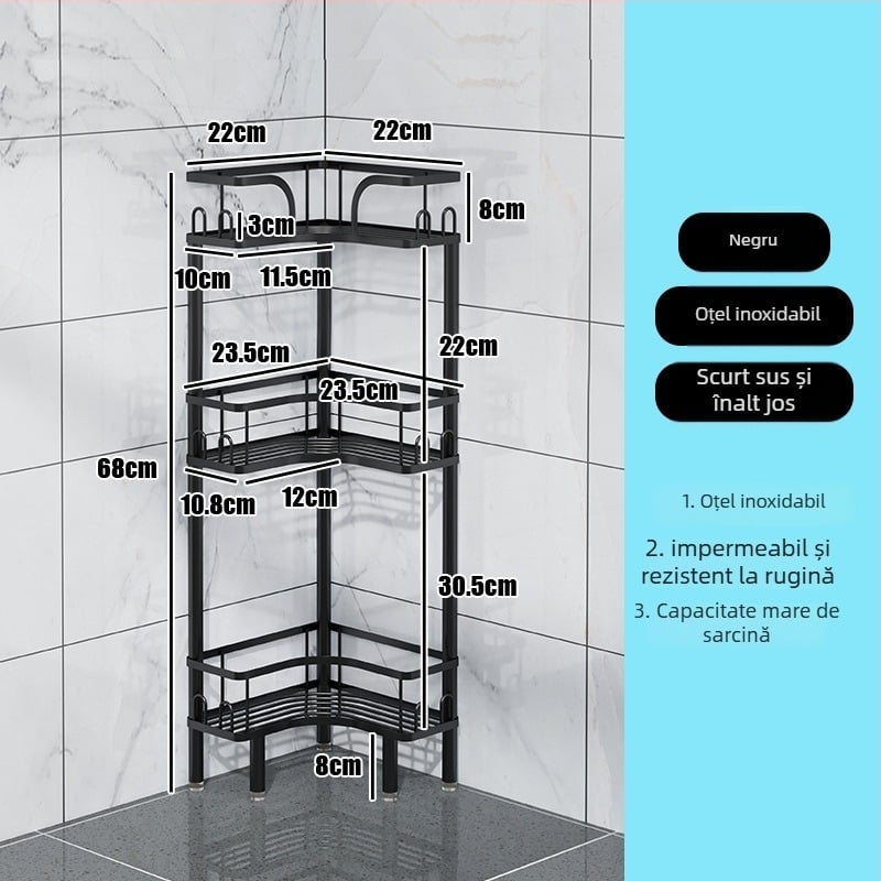 Wo cube Raft din oțel inoxidabil pentru colțul băii, raft triunghiular în picioare cu 2 etaje, design modern minimalist, capacitate de încărcare ridicată
