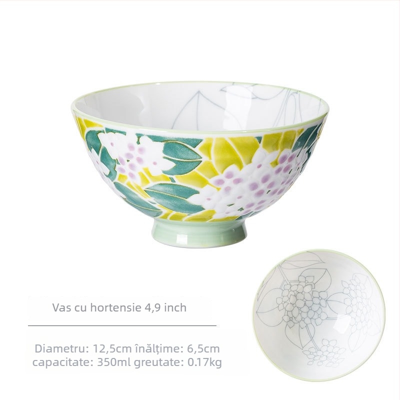 Vas de orez din porțelan Mino Yaki, model cu flori, stil japonez, rotund, compatibil cu microunde