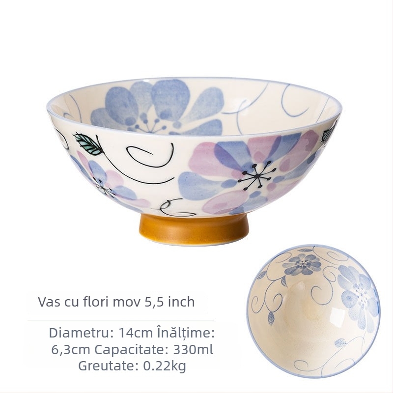 Vas de orez din porțelan Mino Yaki, model cu flori, stil japonez, rotund, compatibil cu microunde