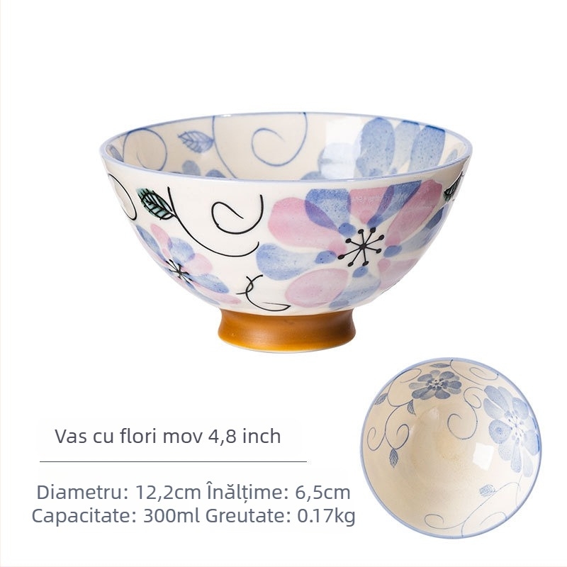 Vas de orez din porțelan Mino Yaki, model cu flori, stil japonez, rotund, compatibil cu microunde