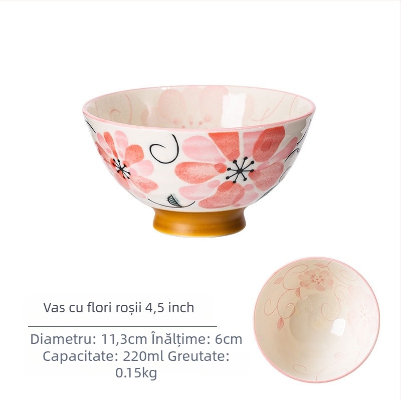 Vas de orez din porțelan Mino Yaki, model cu flori, stil japonez, rotund, compatibil cu microunde