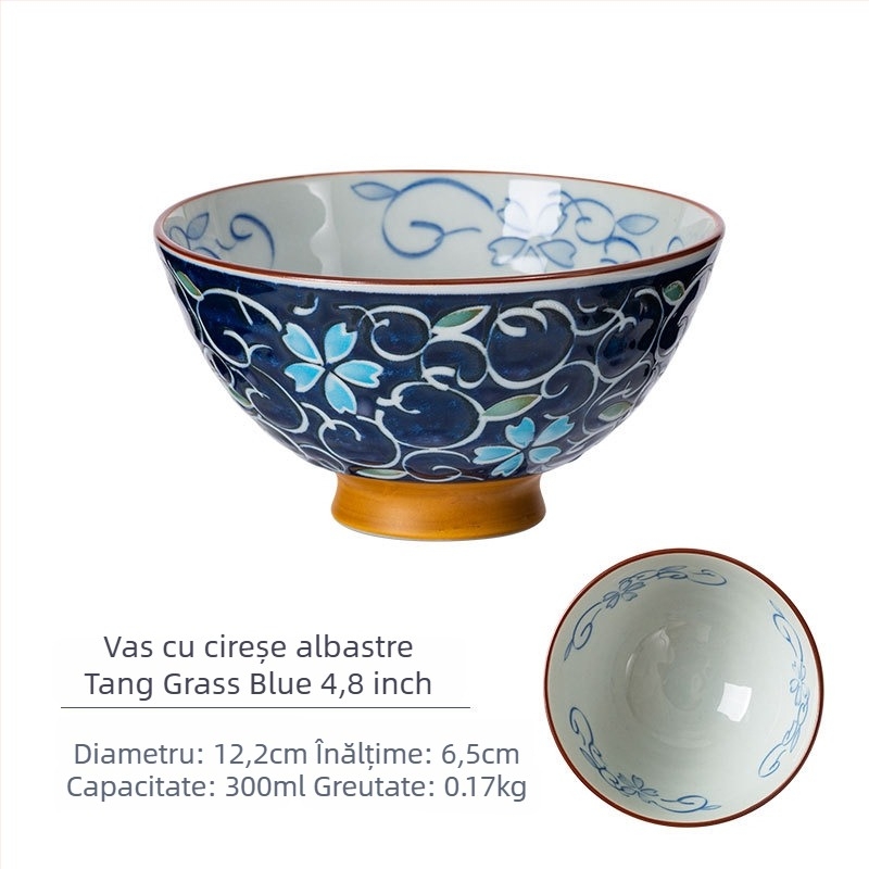 Vas de orez din porțelan Mino Yaki, model cu flori, stil japonez, rotund, compatibil cu microunde