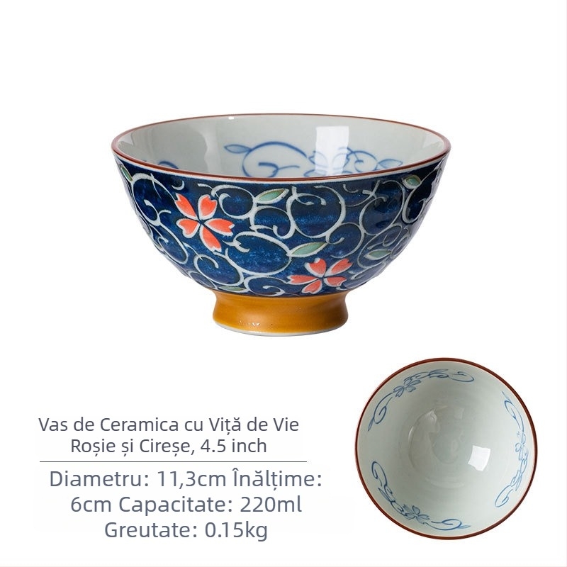 Vas de orez din porțelan Mino Yaki, model cu flori, stil japonez, rotund, compatibil cu microunde